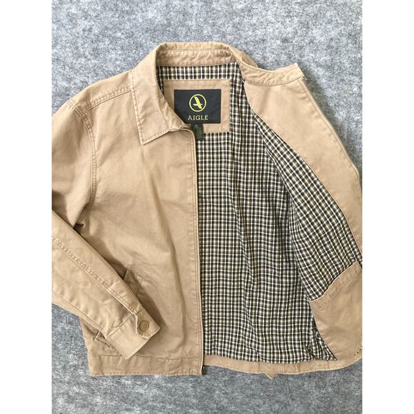 Aigle Khaki Jacket Mens XL Workwear Plaid Lined Coat Preppy - Picture 2 of 9